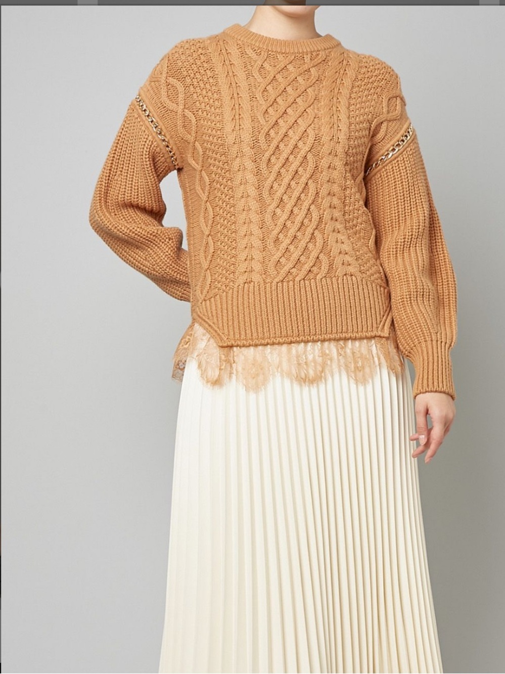 Self-Portrait Lace Trim Cable Knit Sweater Sz S Cotton-Wool Blend Crewneck Camel